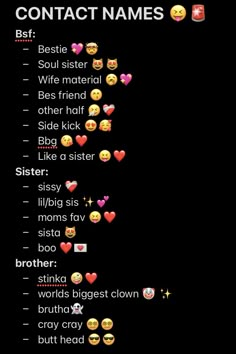 some emoticions that are in different languages on a black background with the words contact names