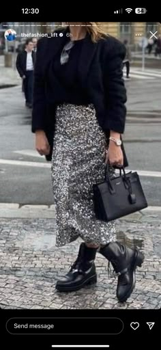 Sequin Skirt Outfit Casual Winter, Sequin Midi Skirt Outfit Winter, Sequin Skirt And Boots, Sequin Skirt Street Style, Sequin Skirt Sneakers Outfit, Long Silver Sequin Skirt Outfit, Silver Slip Skirt Outfit