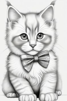 a pencil drawing of a kitten with a bow tie on it's neck and eyes