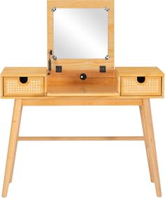 a wooden desk with drawers and a mirror