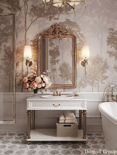 a white sink sitting under a bathroom mirror next to a bathtub and tub in a room