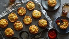 an overhead view of muffins and other food items