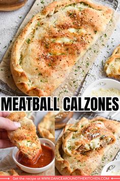 meatball calzones with cheese and sauce on the side