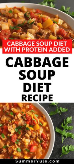 cabbage soup in a white bowl with the title above it and an image of vegetables