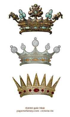 three tiaras and two brooches are shown in this image, each with different colored stones