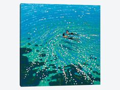 a man swimming in the ocean surrounded by small white dots canvas print on blue water