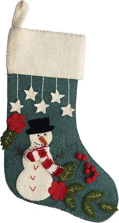 a christmas stocking with a snowman on it and stars hanging from the top