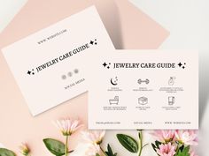 the jewelry care guide is displayed next to some pink flowers and green leaves on a white surface