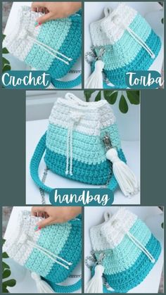 instructions to crochet a handbag with yarn and tassels on it