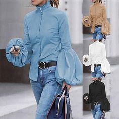 High Neck Shirts, Lantern Sleeve Top, Lantern Sleeved Blouses, Winter Mode, Fitted Blouses, Bishop Sleeve, Puff Sleeve Blouse, Fashion Weeks