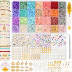 various beads and accessories are arranged on a white background, including an assortment of different colors