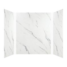 three panels with white marble pattern on the sides and one panel is open to reveal an image