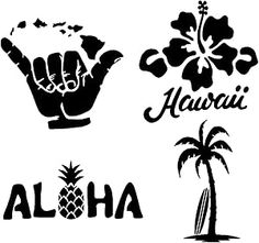 the four hawaiian symbols are shown in black and white, including a palm tree, an aloha, and a pineapple