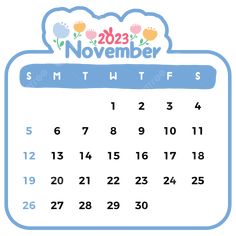 a blue and white calendar with the words november on it