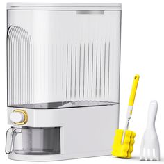 a white and yellow toothbrush next to a water dispenser on a white background