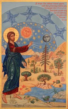 an image of jesus with birds in the sky above him and trees on the ground