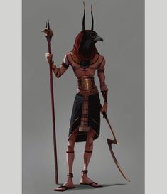 an egyptian warrior with two spears and a horned head