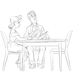 a man and woman sitting at a table talking to each other