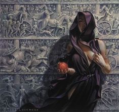 a painting of a woman holding an apple in front of a wall with carvings on it