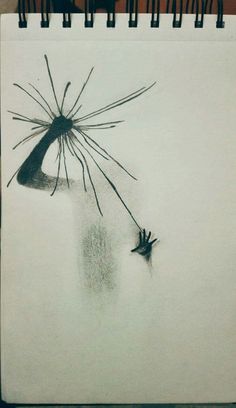 a drawing of a hand reaching for a dandelion with water droplets on it