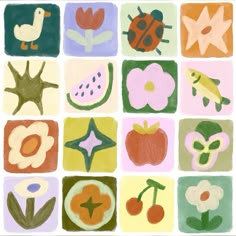 an image of children's artwork with flowers and bugs on squares in pastel colors