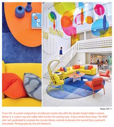 an article about the interior design and decoration in this magazine, with pictures of colorful furniture