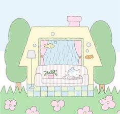 a drawing of a cat laying on a couch in front of a house with trees and flowers