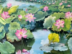 a painting of water lilies and lily pads