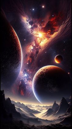 an image of planets in the sky with mountains and stars around them, as if from outer space