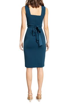 Flattering and sophisticated, this midi-length crepe dress features a figure-skimming silhouette, alluring side slits and a tie that wraps around the waist. 42 1/2" length Hidden back-zip closure V-neck Sleeveless Get the perfect fit—book an appointment with one of our alterations experts Lined 96% polyester, 4% spandex Hand wash, dry flat Imported Women's Clothing Knee-length Evening Midi Dress With Flattering Cut, Fitted Blue Midi Dress With Side Slits, Knee-length Midi Dress With Flattering Cut For Cocktail, Knee-length Dresses With Side Slits For Date Night, Knee-length Dresses With Side Slits, Sheath Midi Dress With Flattering Silhouette For Date Night, Flattering Midi Length Blue Dress, Elegant Blue Embroidered Midi Dress, Elegant Blue Midi Dress With Side Slits