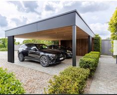 two cars are parked in a carport on the side of a driveway next to bushes