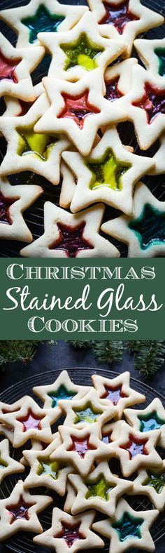 christmas stained glass cookies on a cooling rack with pine cones in the background and text overlay