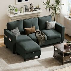 a living room scene with focus on the couch and coffee table in the foreground