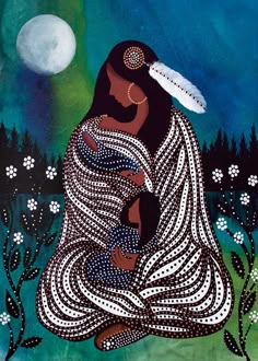 a painting of a woman holding a baby in her arms with the moon behind her