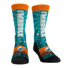 Step into your next favorite pair of socks and represent the Miami Dolphins everywhere you go. This Rock Em Socks Three-Pack Bobblehead Crew Socks Set is built with each pair having a padded sole and toe box. Not only are these crew socks comfortable, but they also have durable sublimated graphics featuring Jaylen Waddle. With comfort, style and durability, there's almost no reason that every Miami Dolphins fan shouldn't have at least one pair of these crew socks. Jaylen Waddle, Tua Tagovailoa, Nfl Miami Dolphins, Nfl Gear, Uniform Design, Shield Design, Miami Dolphins, Bobble Head, Comfort Style