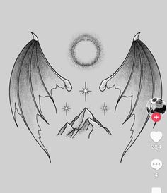 a drawing of two wings with mountains in the background and hearts around them, as well as stars