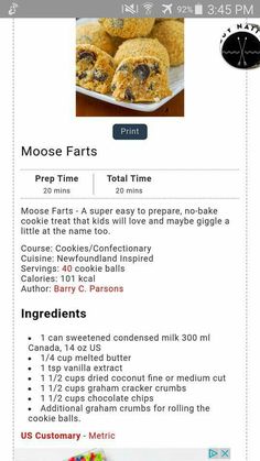 the recipe for moose farts is shown in this screenshote screen shot