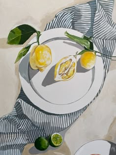 a painting of two lemons on a plate with green leaves and slices of lime