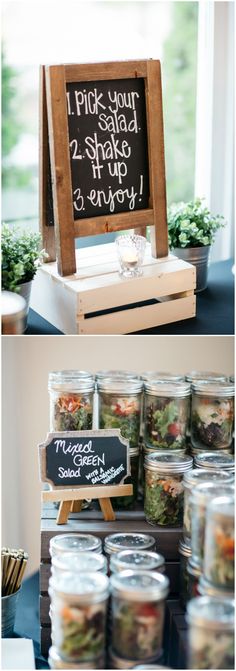 jars filled with salads sitting on top of a table next to a sign that says pick your salad and shake up 3 enjoy