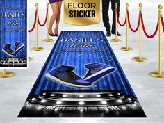 a blue carpet with shoes on it