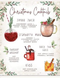 a christmas cocktail poster with the names of different drinks and ingredients to drink in it