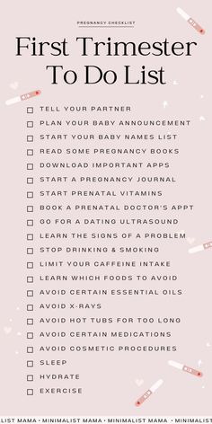 the first trimester to do list with pink and white confetti on it