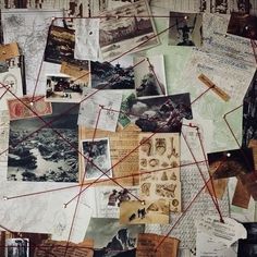 an image of many old papers and pictures on the wall with pins stuck to them