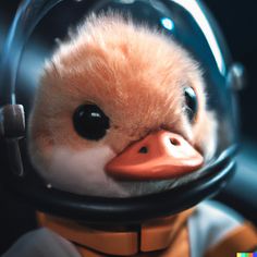 a close up of a duck in a space suit with a helmet on it's head