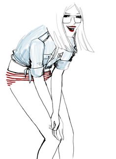 a drawing of a woman with white hair and red stripes on her skirt is shown