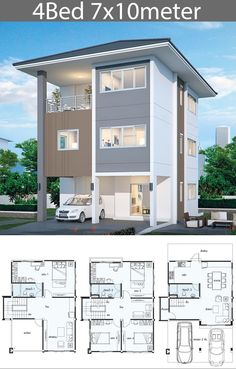 three story house plan with 4 beds and 1 bathrooms