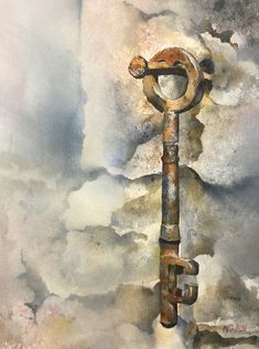 a painting of an old rusty key in the sky