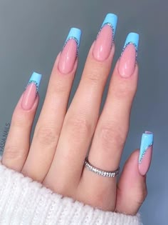 Light Blue And Silver Nails Acrylic, Baby Blue And Silver Acrylic Nails, Light Blue Acrylic Nails Design Long, Light Blue Valentine Nails, Baby Blue Silver Nails, Nails Baby Blue Design, Nails Inspiration Light Blue, Light Blue Nail Inspo Acrylic, Long Baby Blue Nails