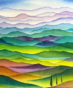 an abstract painting with mountains and trees in the background