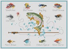 a cross stitch pattern with different types of fish and fishing lures on the water